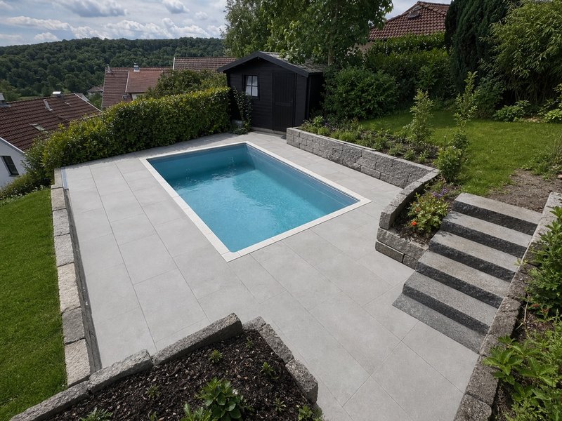 Poolterrasse mit grauen Platten, Natursteinmauer und Stufen