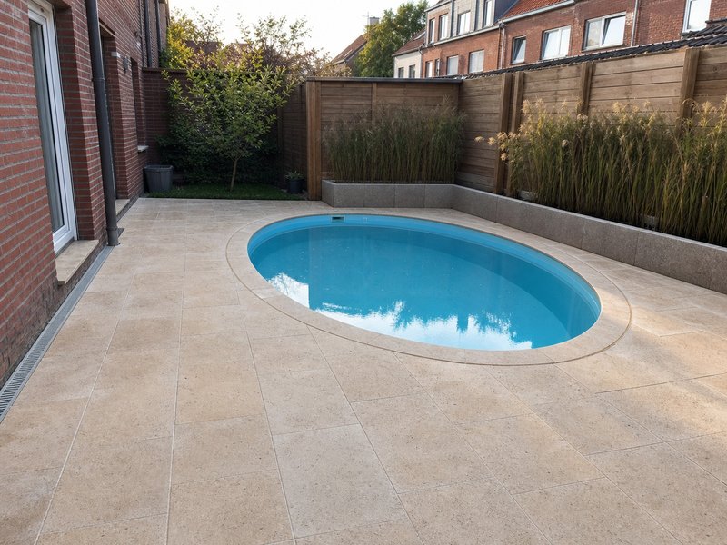 Ovale Poolumrandung mit hellen Natursteinplatten
